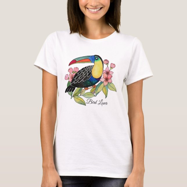Watercolor Toucan Bird With Flowers T-Shirt (Front)