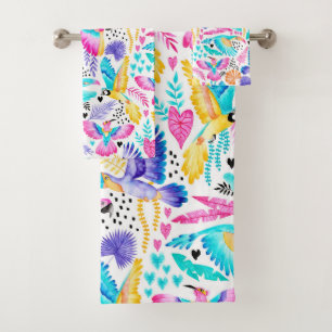 Watercolor Toucans, Maccaws and Hummingbird Jungle Bath Towel Set