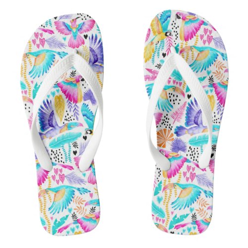 Watercolor Toucans Maccaws  Hummingbrid Tropical Flip Flops