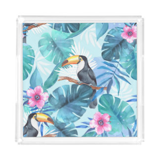 Watercolor Toucans: Tropical Seamless Acrylic Tray