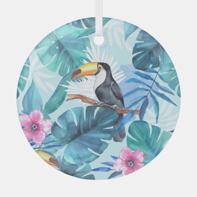 Watercolor Toucans: Tropical Seamless Glass Ornament (Front)