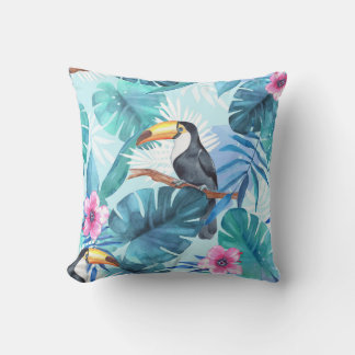 Watercolor Toucans: Tropical Seamless Throw Pillow