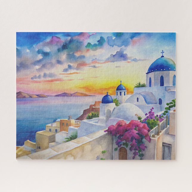 Watercolor Townscape Santorini Greek Island Jigsaw Puzzle (Horizontal)