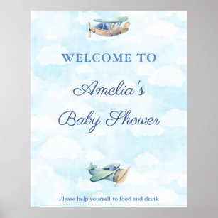 Watercolor Toy Plane Aviation Baby Shower Welcome Poster