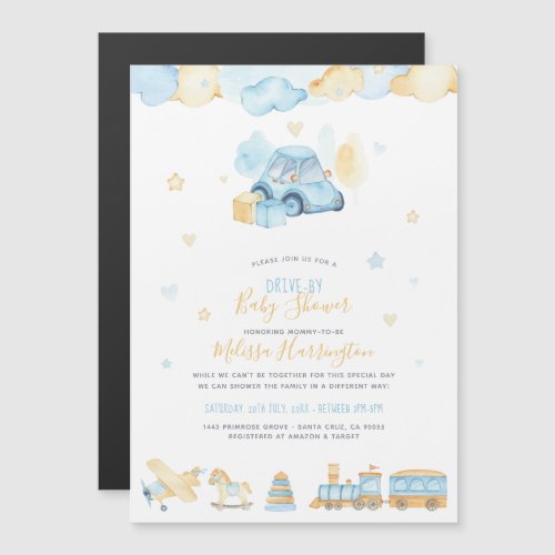 Watercolor Toys Baby Boy Drive_By Baby Shower Magnetic Invitation