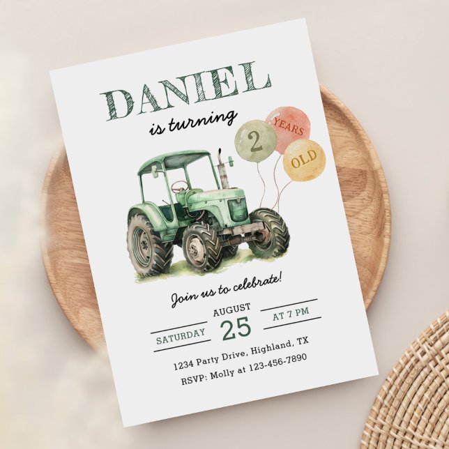 Watercolor Tractor 2nd Birthday Party Invitation (Creator Uploaded)