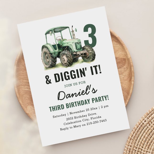Watercolor Tractor 3rd Birthday Party Invitation (Creator Uploaded)
