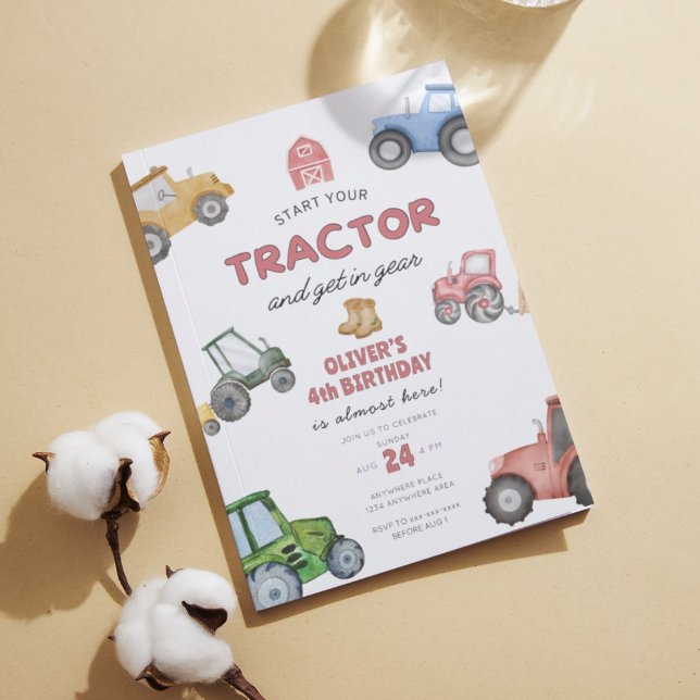 Watercolor tractor 4th birthday invitation (Creator Uploaded)