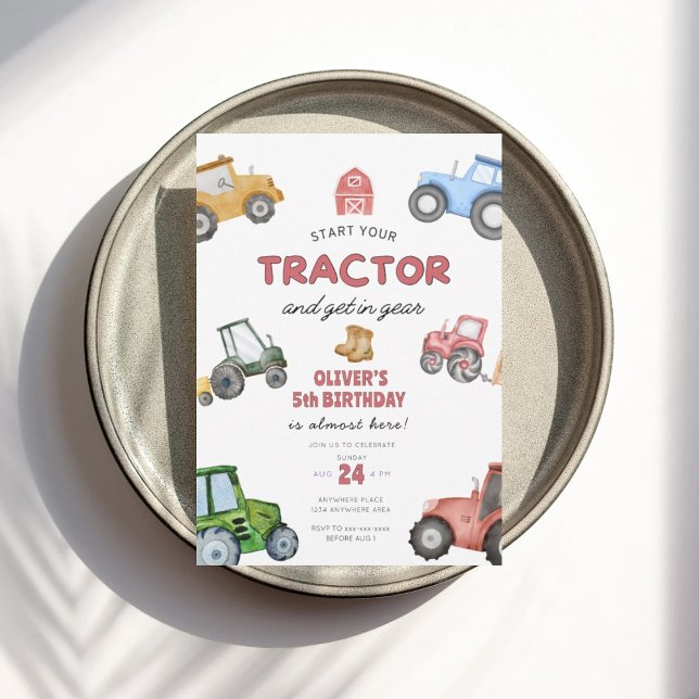Watercolor tractor 5th birthday invitation (Creator Uploaded)