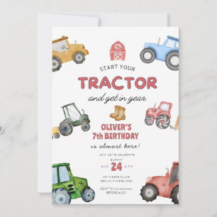 Watercolor tractor 7th birthday invitation