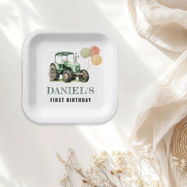 Watercolor Tractor Birthday Party Paper Plates (Creator Uploaded)