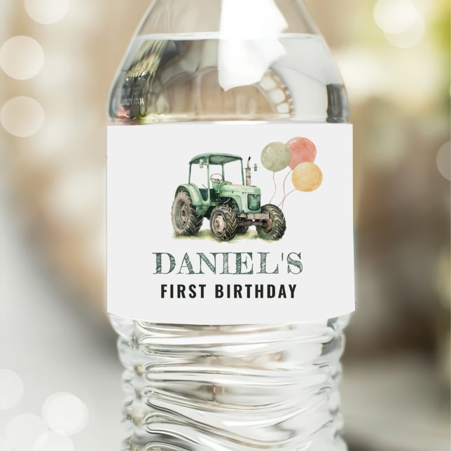 Watercolor Tractor Birthday Party Water Bottle Label (Creator Uploaded)