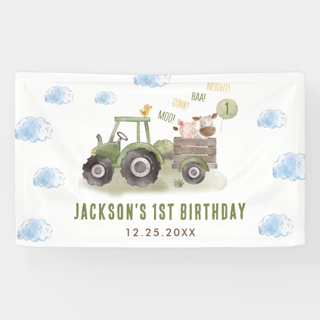 Watercolor Tractor Farm 1st Birthday Banner (Horizontal)