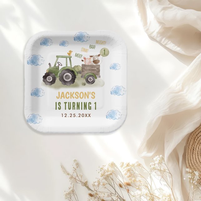 Watercolor Tractor Farm 1st Birthday Paper Plates (Creator Uploaded)