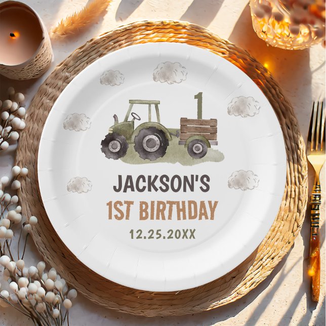 Watercolor Tractor Farm 1st Birthday  Paper Plates (Creator Uploaded)