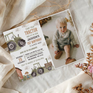 Watercolor Tractor Farm 1st Birthday Photo Invitation