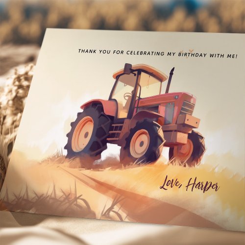 Watercolor Tractor Kids Birthday Thank You