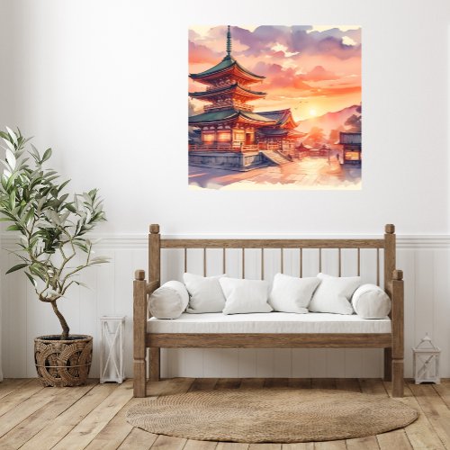 Watercolor Traditional Japanese Temple in Sunset Poster