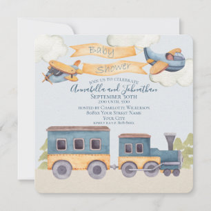 Watercolor Train and Airplanes Baby Boy Blue Invitation