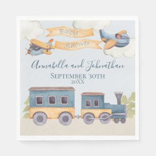 Watercolor Train and Airplanes Baby Boy Blue Napkins