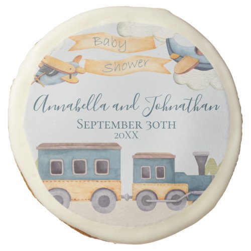 Watercolor Train and Airplanes Baby Boy Blue Sugar Cookie