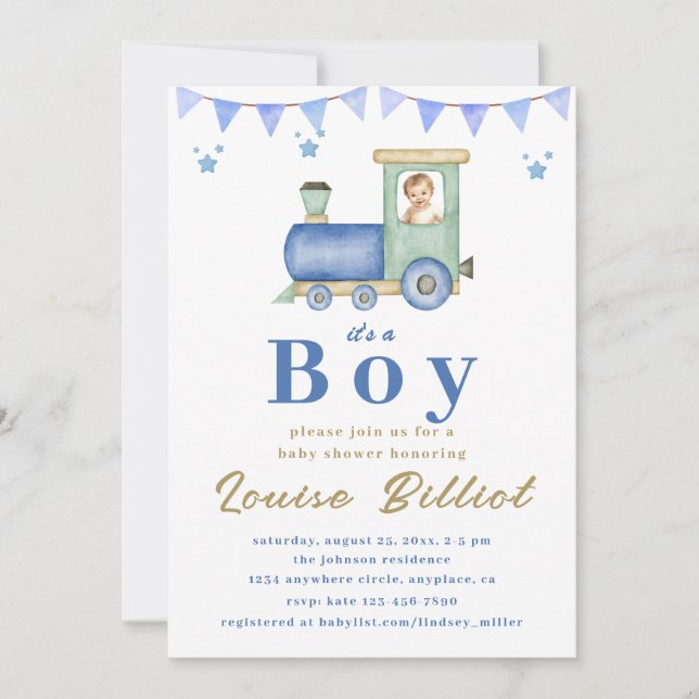Watercolor Train Baby Shower Invitation (Front)