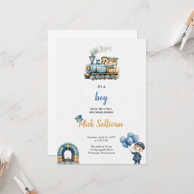 WATERCOLOR TRAIN BABYSHOWER INVITATION (Front/Back In Situ)