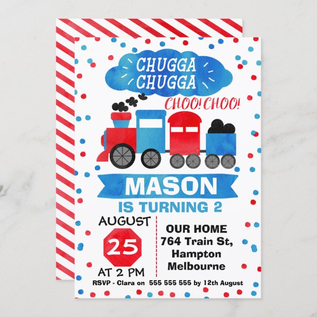 Watercolor Train Birthday Party Invitation (Front/Back)