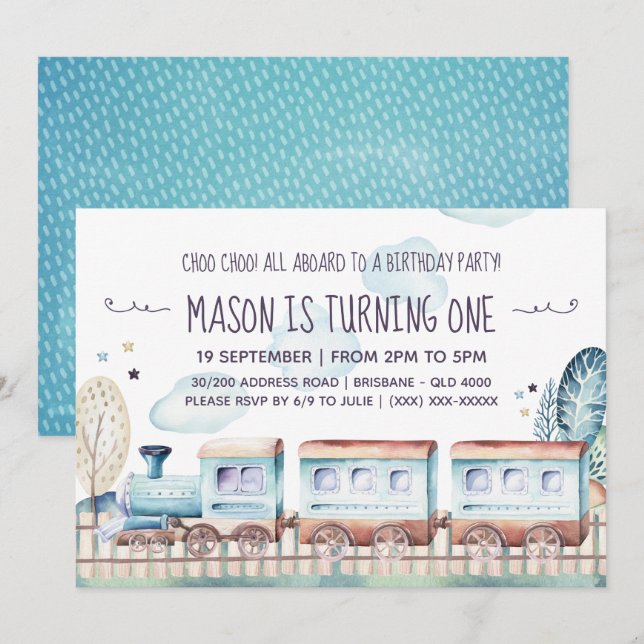 Watercolor Train Birthday Party Invitation (Front/Back)