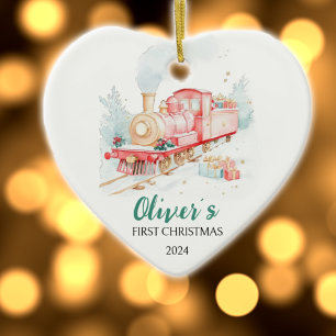 Watercolor Train Custom First Christmas Ceramic Ornament