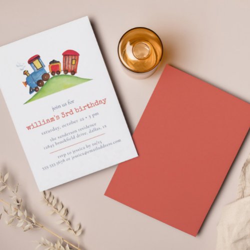 Watercolor Train Red Blue Pastel Birthday Invitation