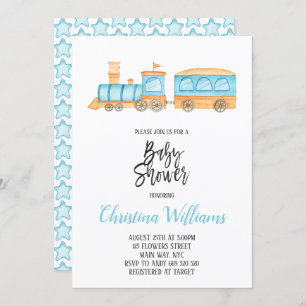 Watercolor Train Toys Boy Baby Shower Blue Invitation