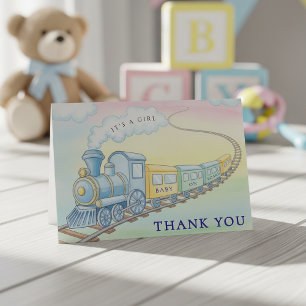 Watercolor Train Whimsical Baby Shower Thank You Card