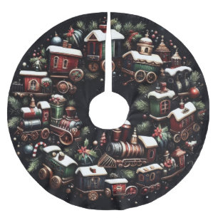 Watercolor Trains on Black Christmas Brushed Polyester Tree Skirt
