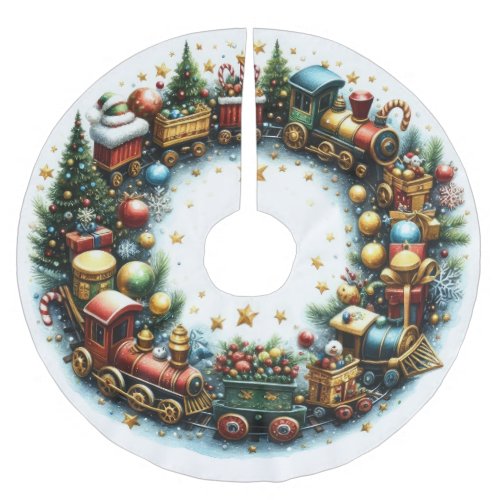 Watercolor Trains on White Christmas Brushed Polyester Tree Skirt