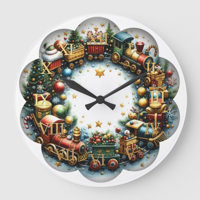 Watercolor Trains on White Christmas Large Clock (Front)