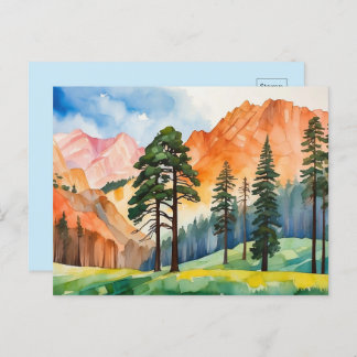 Watercolor Tranquil Mountains Springtime Scenery Postcard