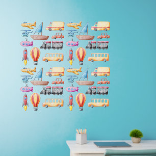 Watercolor Transport Planes Train Car Boat etc 36" Wall Decal