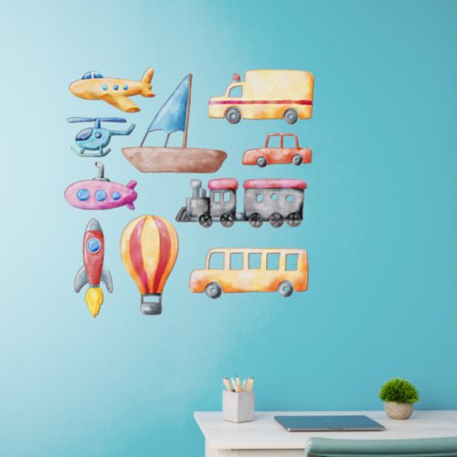 Watercolor Transport Planes Train Car Boat etc 36 Wall Decal