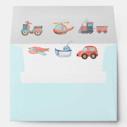 Watercolor Transportation Boy Birthday Party Envelope