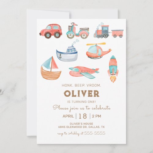 Watercolor Transportation Boy Birthday Party Invitation