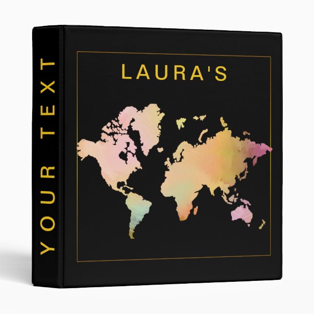 Watercolor Travel Adventure World Map Painted 3 Ring Binder (Front/Spine)