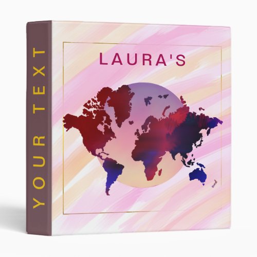 Watercolor Travel Adventure World Map Painted Pink 3 Ring Binder