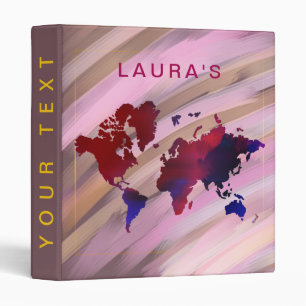 Watercolor Travel Adventure World Map Painted Pink 3 Ring Binder