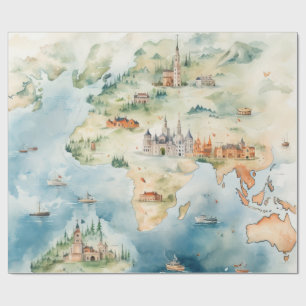 Watercolor Travel Map Wrapping Paper