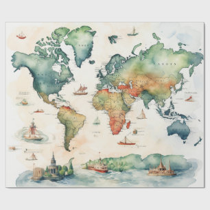 Watercolor Travel Map Wrapping Paper