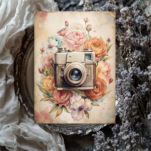 Watercolor travel retro camera old photos roses tissue paper