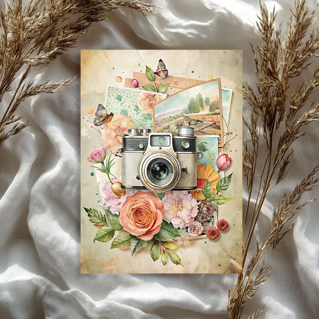 Watercolor travel retro camera old photos roses tissue paper (Watercolor travel retro camera old photos roses tissue paper)