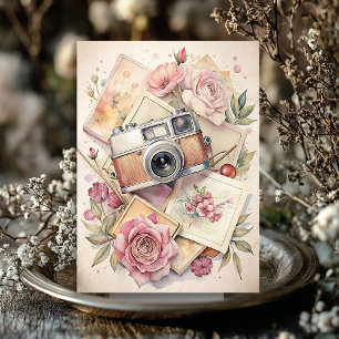 Watercolor travel retro camera old photos roses tissue paper