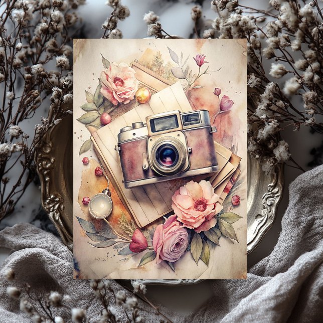 Watercolor travel retro camera old photos roses tissue paper (Watercolor travel retro camera old photos roses tissue paper)